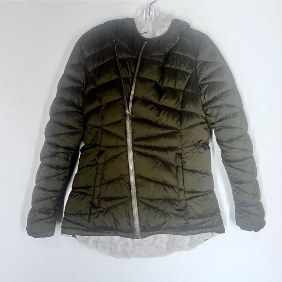 Steve Madden Womens Jacket Medium Glacier Quilted Puffer Olive Faux Fur Hooded - Picture 2 of 10